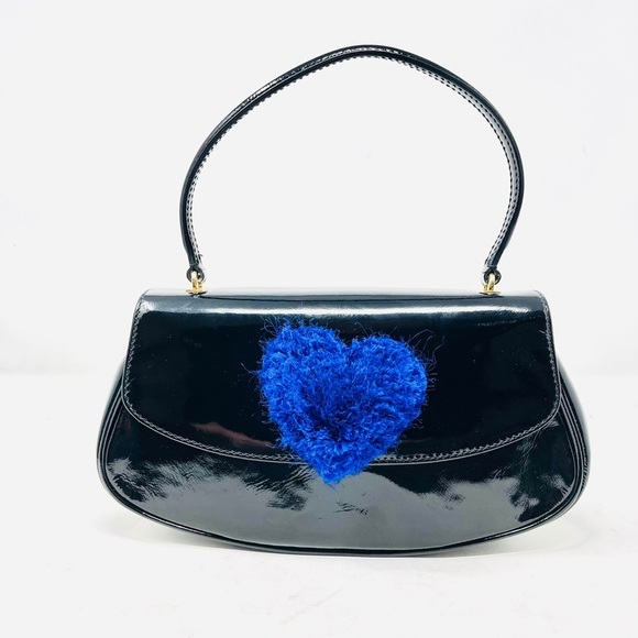 Moschino Cheap & Chic Black Patent Bag Blue Heart - Picture 1 of 10